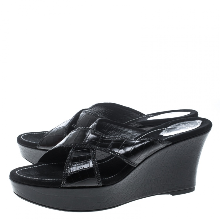 Pre Owned René Caovilla Black Leather Crystal Embellished Wedge Slides Size 42