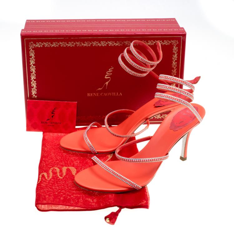 Pre Owned René Caovilla Coral Orange Satin Crystal Embellished Ankle Wrap Open Toe Sandals Size 41