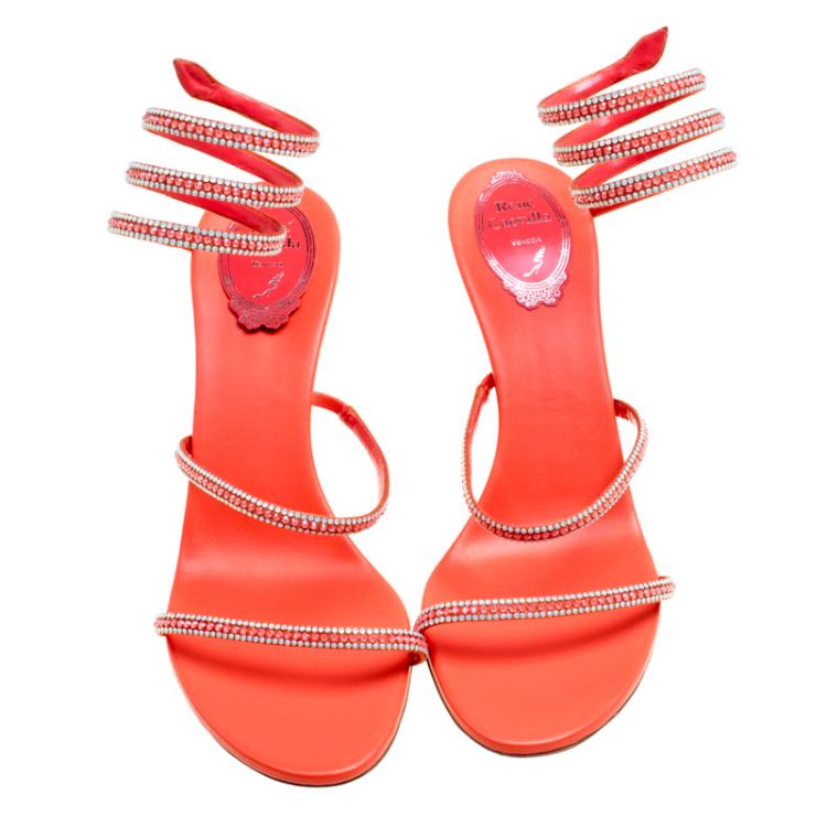 Pre Owned René Caovilla Coral Orange Satin Crystal Embellished Ankle Wrap Open Toe Sandals Size 41