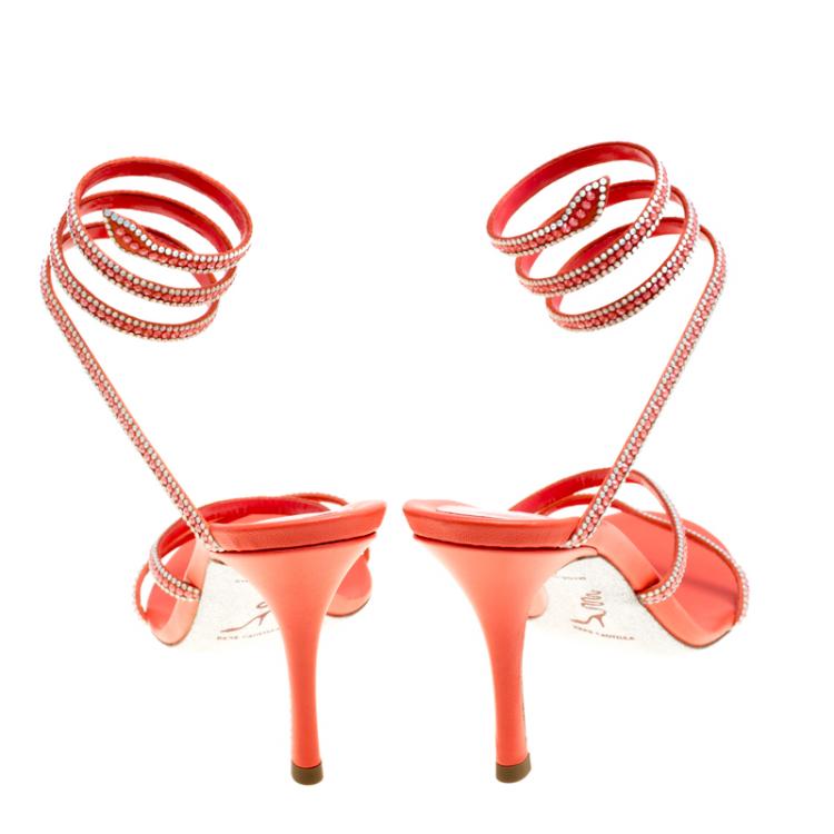 Pre Owned René Caovilla Coral Orange Satin Crystal Embellished Ankle Wrap Open Toe Sandals Size 41