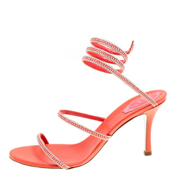 Pre Owned René Caovilla Coral Orange Satin Crystal Embellished Ankle Wrap Open Toe Sandals Size 41