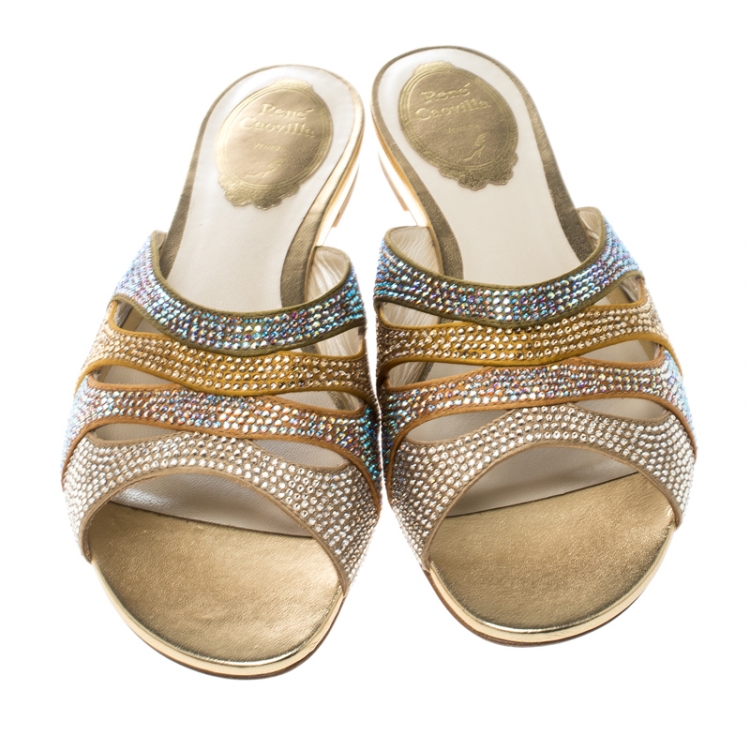 Pre Owned René Caovilla Multicolor Crystal Embellished Satin Flat Slides Size 37