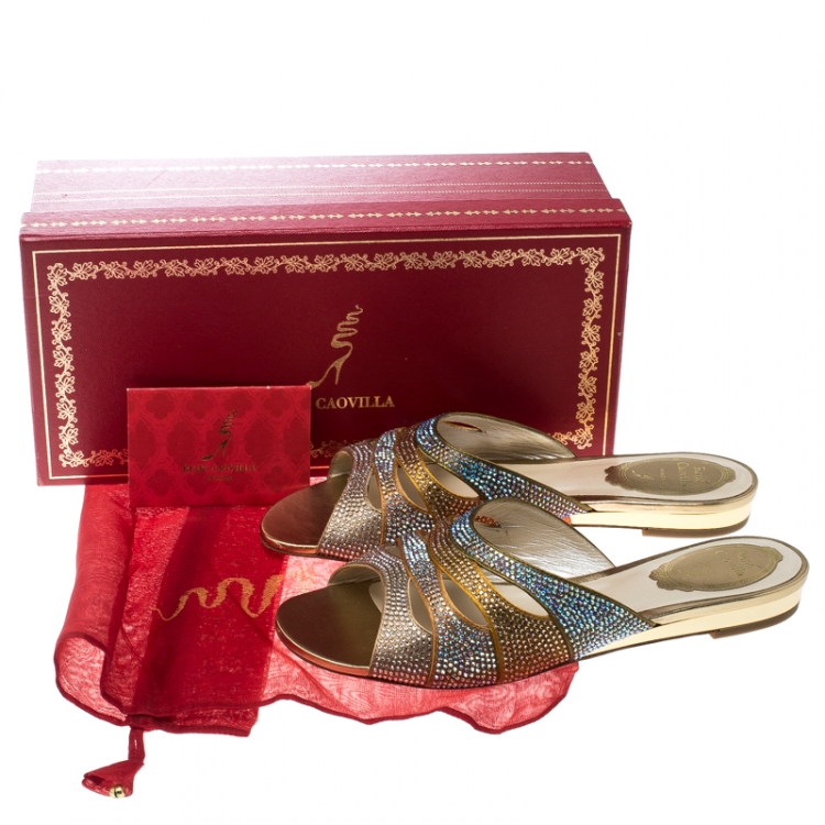 Pre Owned René Caovilla Multicolor Crystal Embellished Satin Flat Slides Size 37