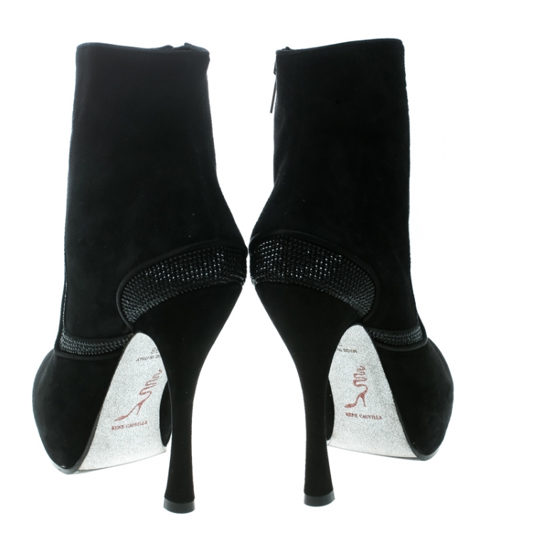 Pre Owned René Caovilla Black Suede Crystal Embellished Platform Ankle Boots Size 38