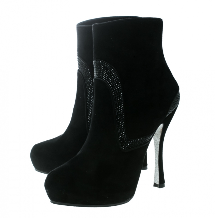 Pre Owned René Caovilla Black Suede Crystal Embellished Platform Ankle Boots Size 38