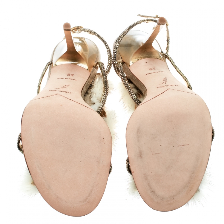 Pre Owned René Caovilla Beige Fur And Crystal Embellished Strappy Sandals Size 38
