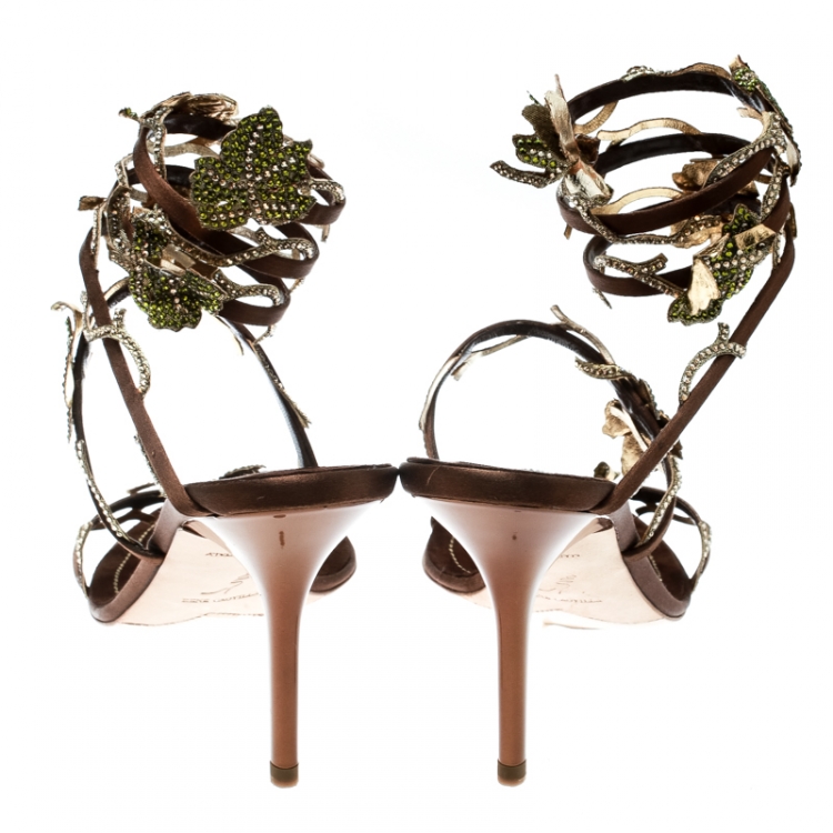 Pre Owned René Caovilla Brown Satin Crystal Embellished Vine Ankle Wrap Open Toe Sandals Size 38.5