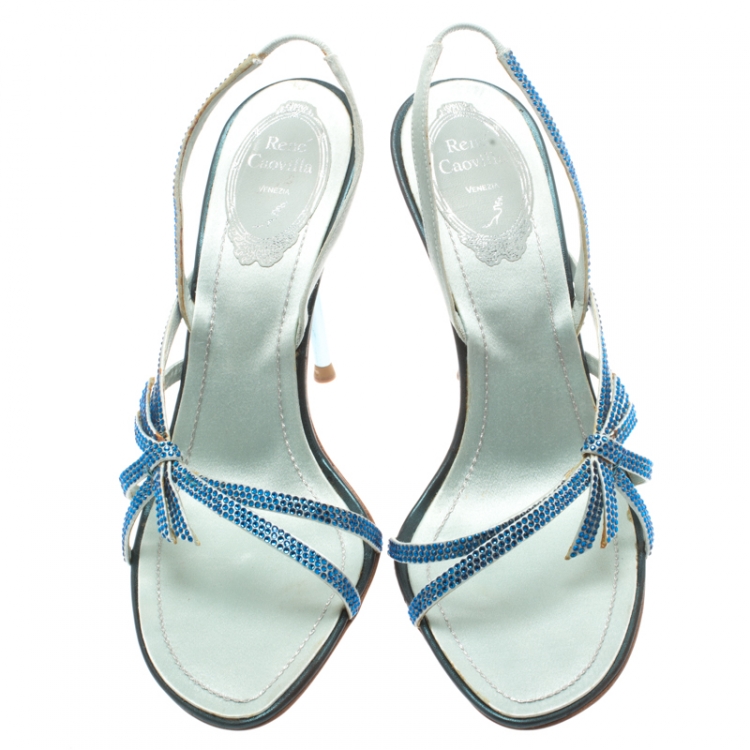 Pre Owned Rene Caovilla Blue Crystal Embellished Satin Open Toe Slingback Sandals Size 38