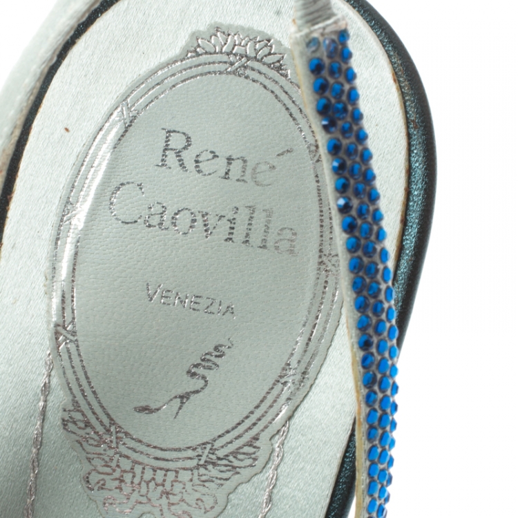 Pre Owned Rene Caovilla Blue Crystal Embellished Satin Open Toe Slingback Sandals Size 38