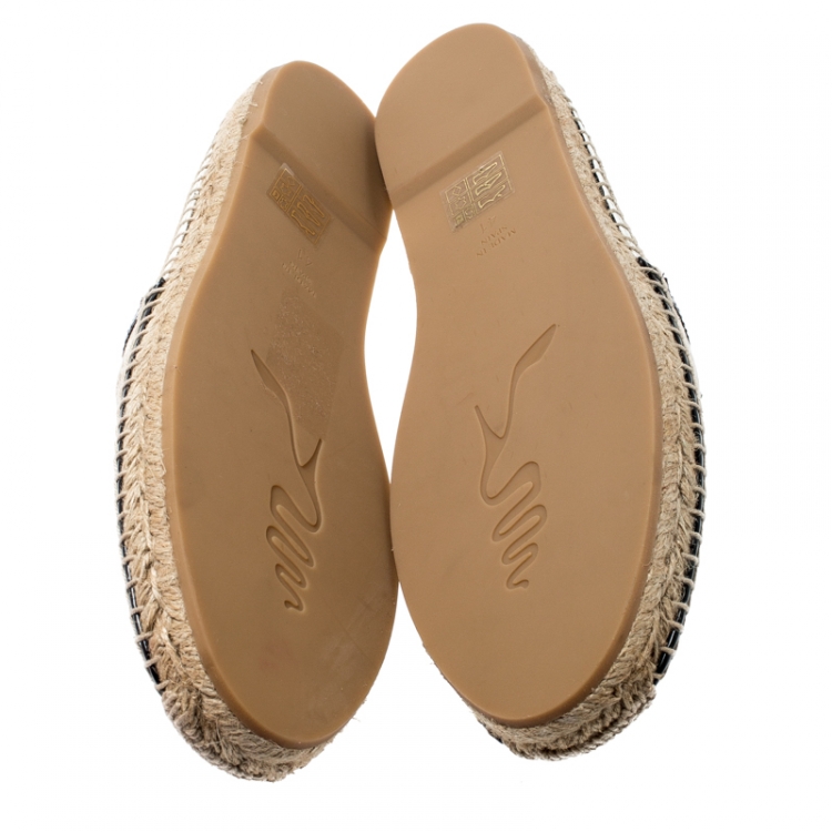 Pre Owned Rene Caovilla Monochrome Lace And Leather Floral Embellished Espadrilles Size 41