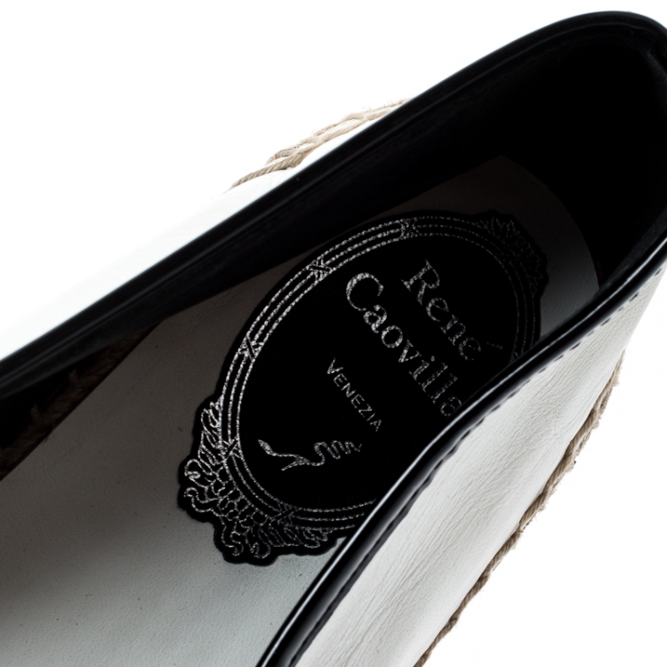 Pre Owned Rene Caovilla Monochrome Lace And Leather Floral Embellished Espadrilles Size 41