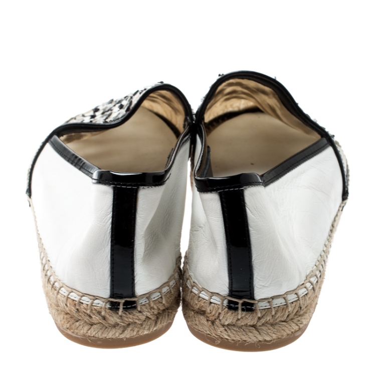 Pre Owned Rene Caovilla Monochrome Lace And Leather Floral Embellished Espadrilles Size 41
