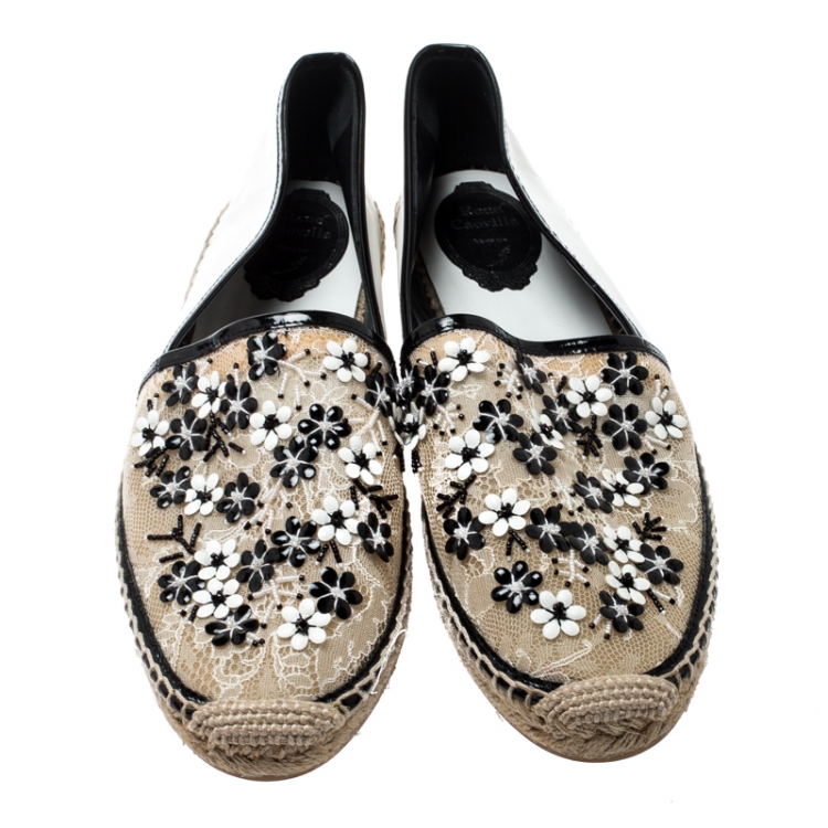 Pre Owned Rene Caovilla Monochrome Lace And Leather Floral Embellished Espadrilles Size 41