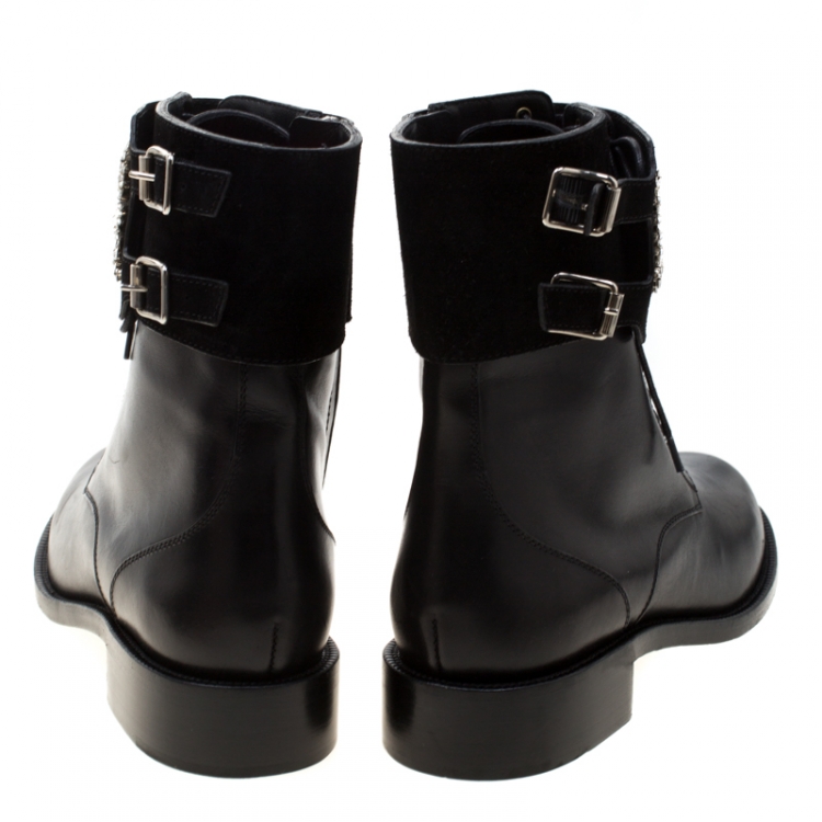 Pre Owned Rene Caovilla Black Leather And Crystal Embellished Suede Combat Boots Size 39.5