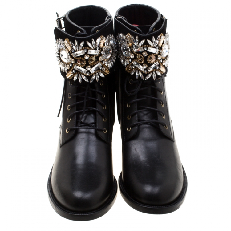 Pre Owned Rene Caovilla Black Leather And Crystal Embellished Suede Combat Boots Size 39.5