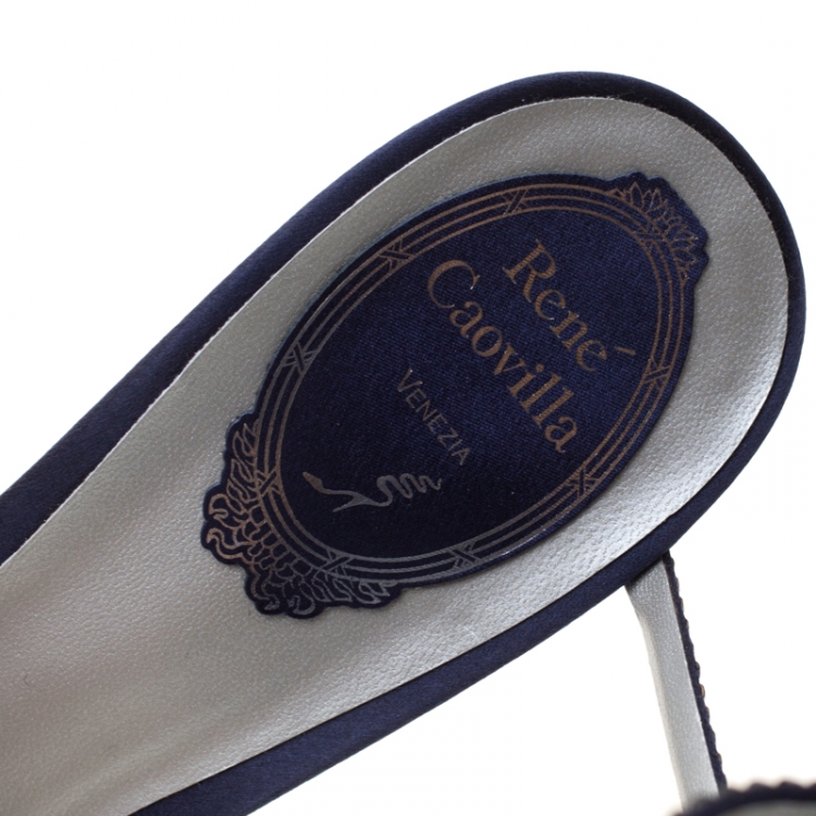 Pre Owned René Caovilla Blue Velvet Crystal Embellished Ankle Wrap Sandals Size 40