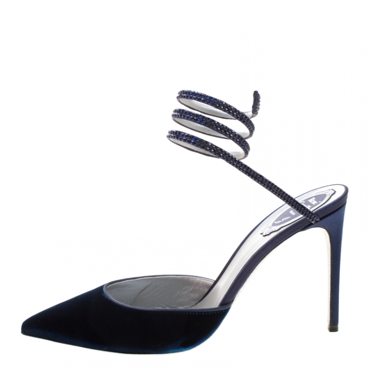 Pre Owned René Caovilla Blue Velvet Crystal Embellished Ankle Wrap Sandals Size 40