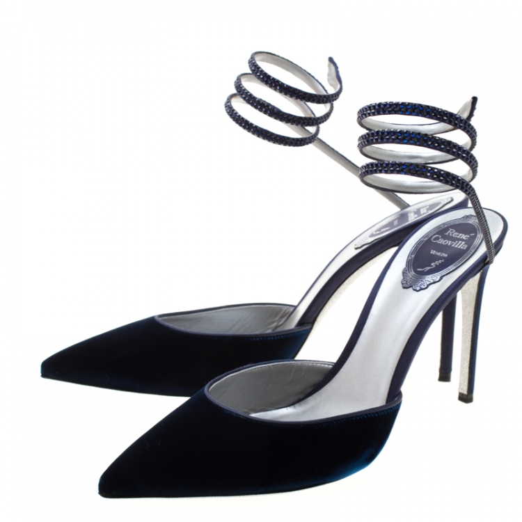 Pre Owned René Caovilla Blue Velvet Crystal Embellished Ankle Wrap Sandals Size 40