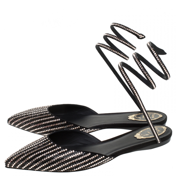 Pre Owned René Caovilla Black Satin Embellished Ankle Wrap Flats Size 42