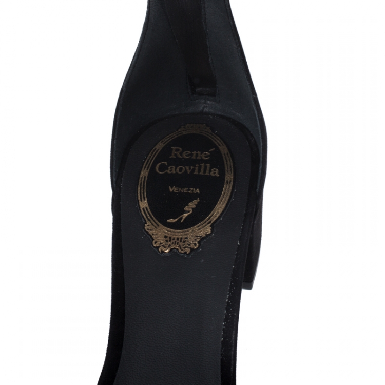 مملوكة مسبقًا Rene Caovilla Black Suede Crystal And Pearl Embellished Block Heel Sandals Size 38