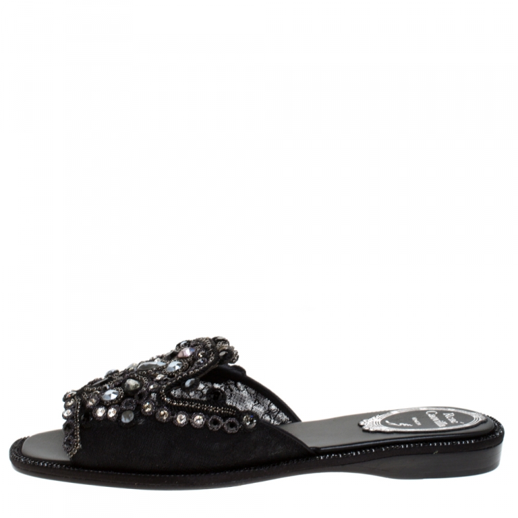 Pre Owned René Caovilla Black Lace Crystal Embellished Flat Slides Size 36