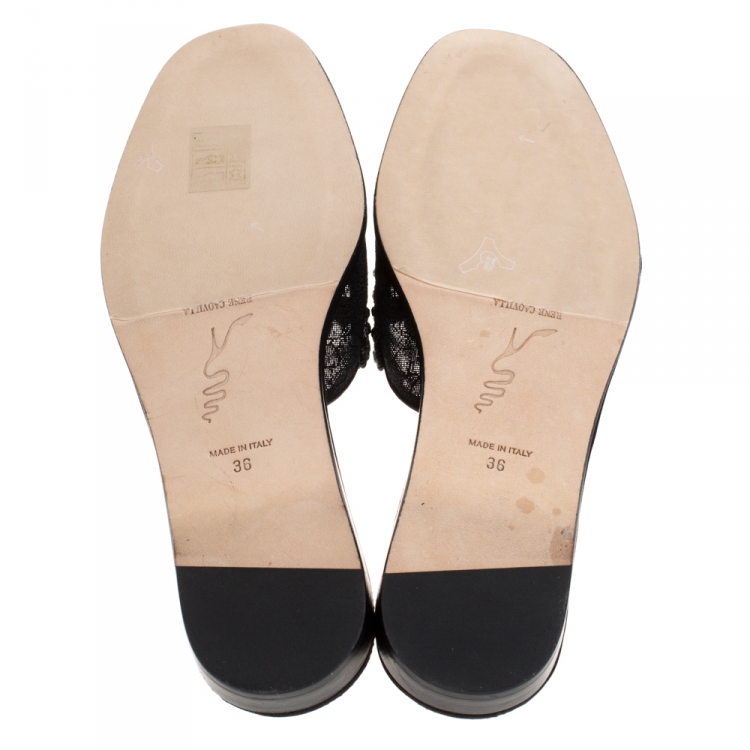 Pre Owned René Caovilla Black Lace Crystal Embellished Flat Slides Size 36