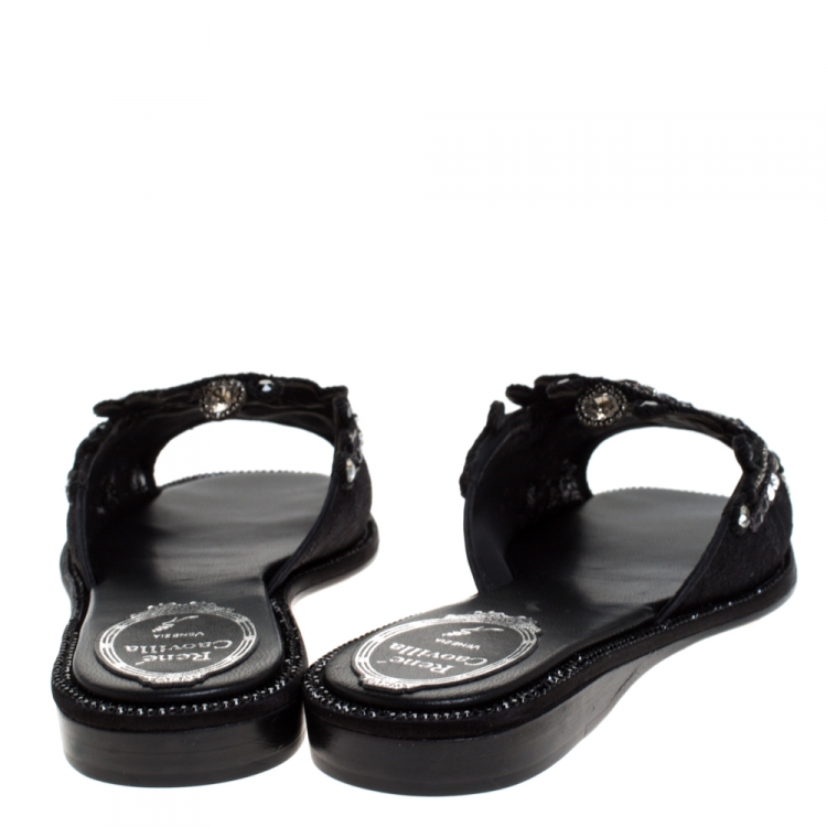 Pre Owned René Caovilla Black Lace Crystal Embellished Flat Slides Size 36