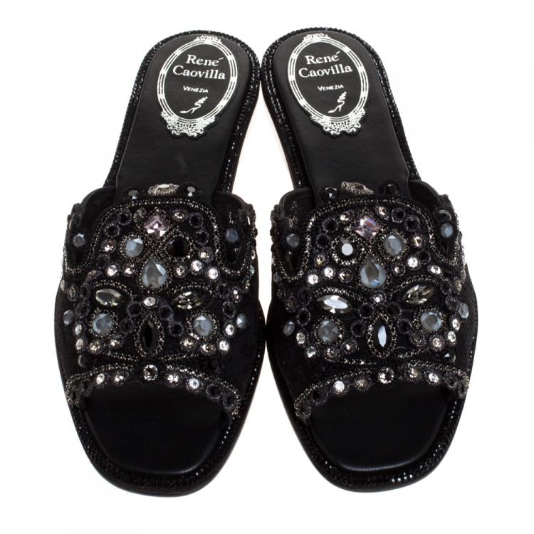 Pre Owned René Caovilla Black Lace Crystal Embellished Flat Slides Size 36