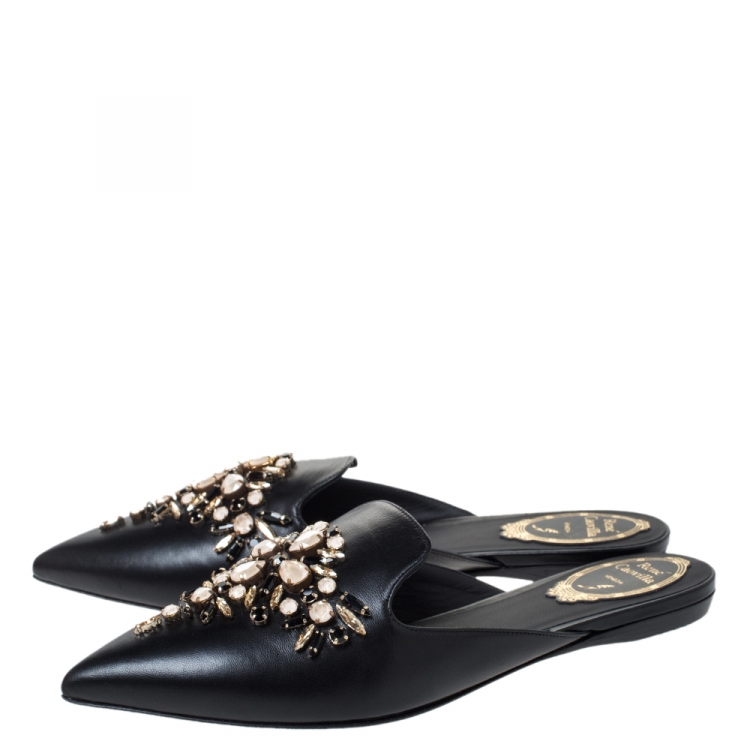 Pre Owned Rene Caovilla Black Leather Crystal Embellished Pointed Toe Flat Slide Mules Size 38