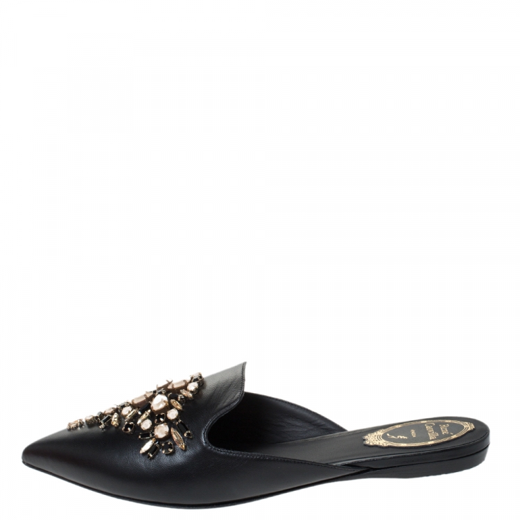 Pre Owned Rene Caovilla Black Leather Crystal Embellished Pointed Toe Flat Slide Mules Size 38