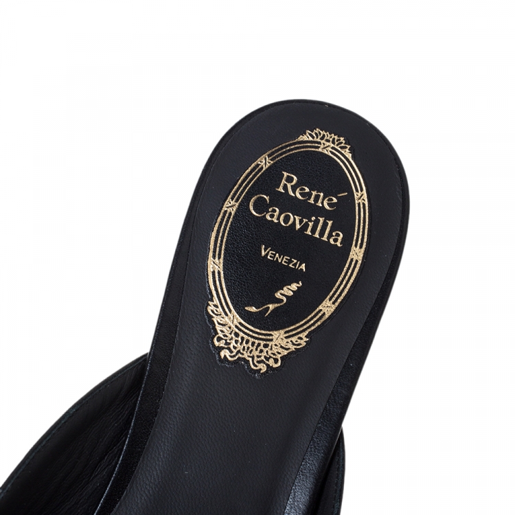 Pre Owned Rene Caovilla Black Leather Crystal Embellished Pointed Toe Flat Slide Mules Size 38