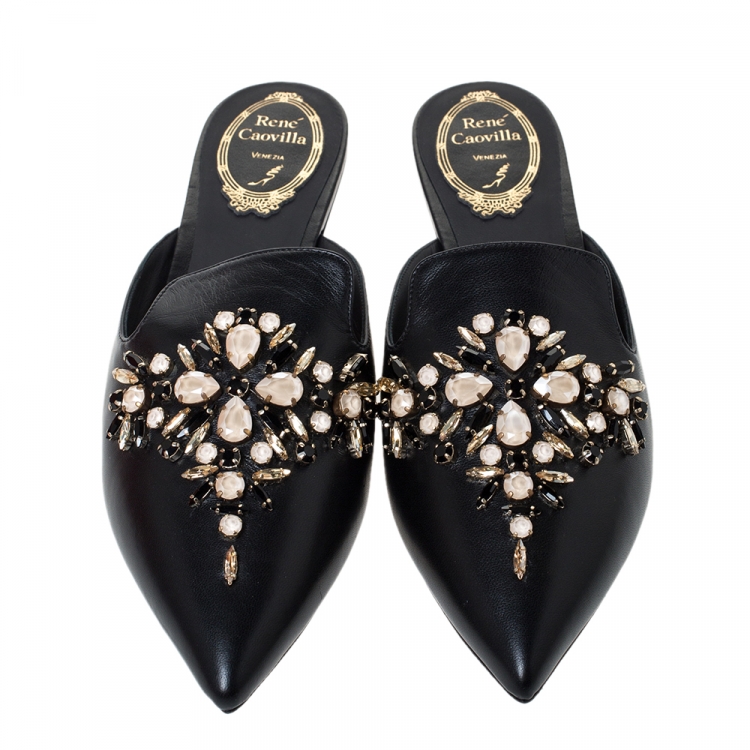 Pre Owned Rene Caovilla Black Leather Crystal Embellished Pointed Toe Flat Slide Mules Size 38