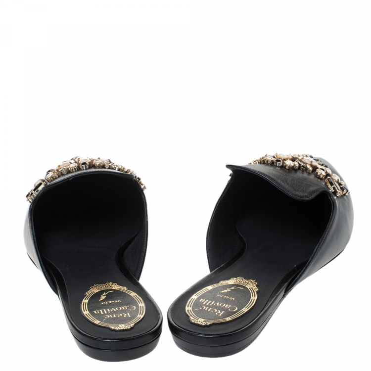 Pre Owned Rene Caovilla Black Leather Crystal Embellished Pointed Toe Flat Slide Mules Size 38