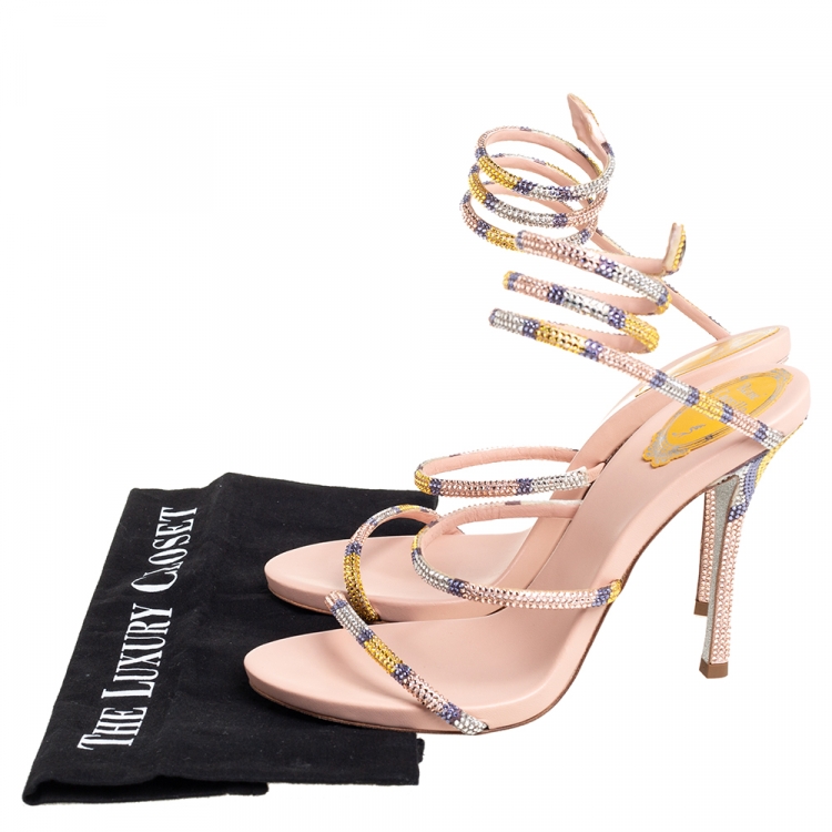 Pre Owned René Caovilla Beige Leather Crystal Embellished Ankle Wrap Sandals Size 39