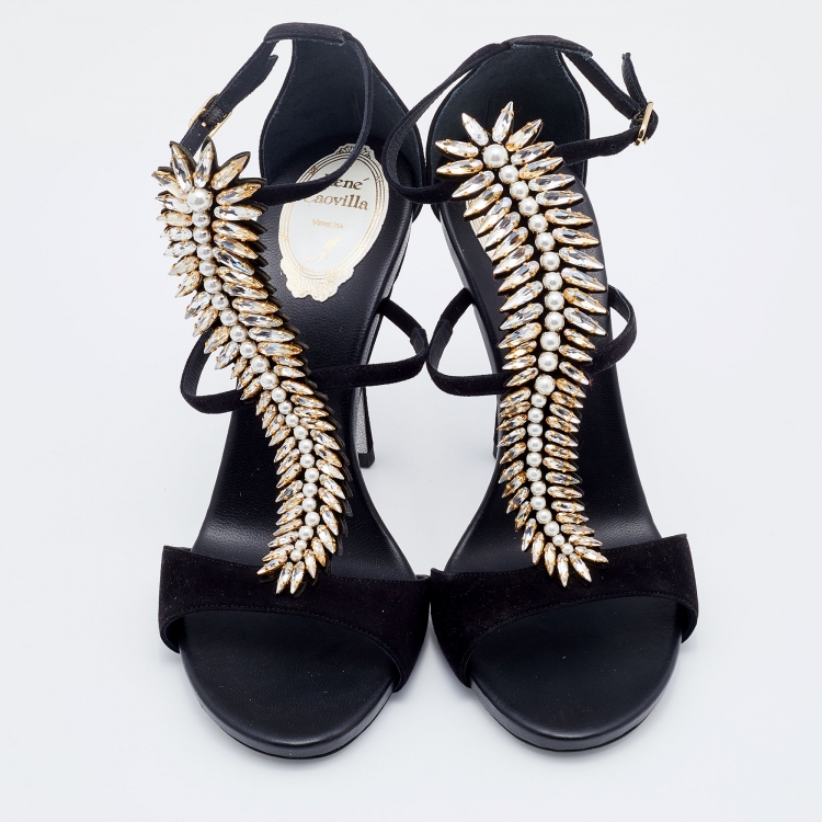 Pre Owned René Caovilla Black Suede Crystal Embellished Ankle Strap Sandals Size 38
