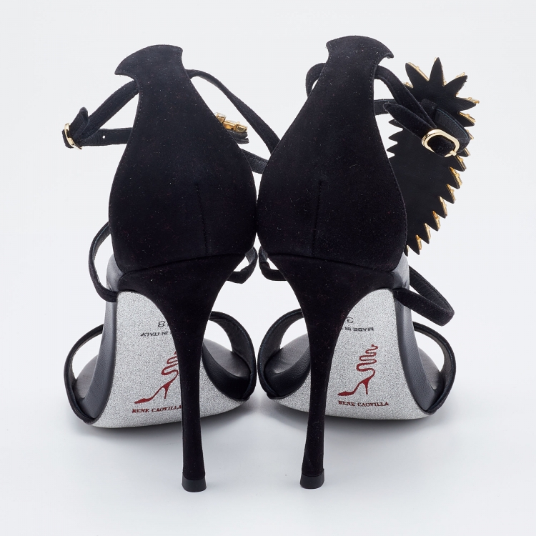 Pre Owned René Caovilla Black Suede Crystal Embellished Ankle Strap Sandals Size 38