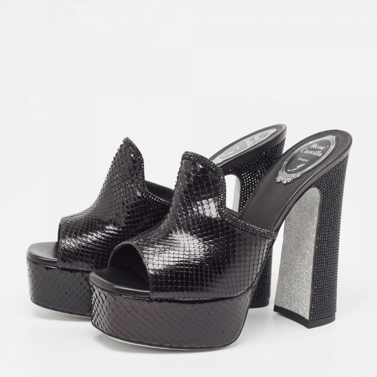 Pre Owned René Caovilla Black Python Slide Sandals Size 39