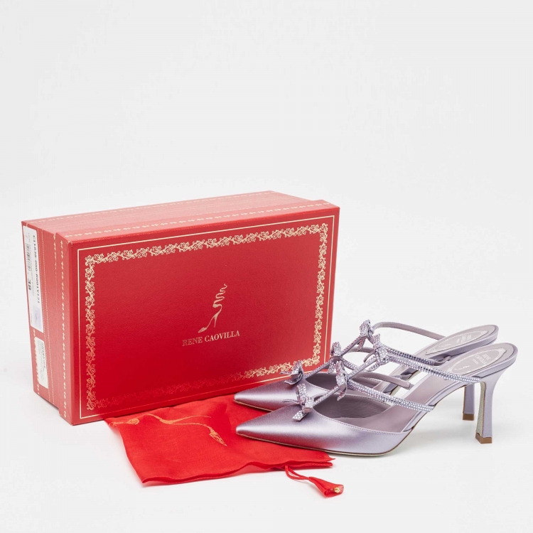 مملوكة مسبقًا René Caovilla Purple Satin Bow Detail Crystal Embellished Strass Mules Size 38