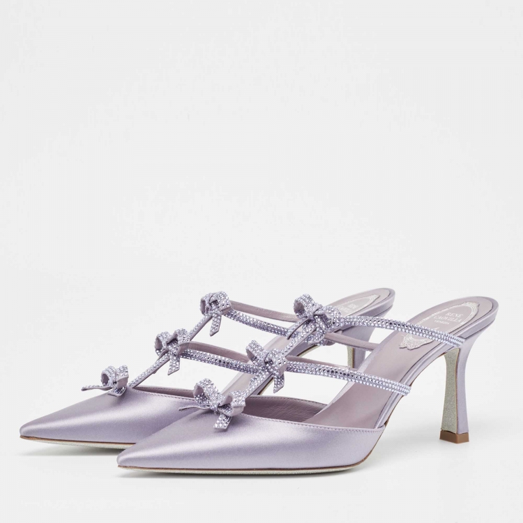 مملوكة مسبقًا René Caovilla Purple Satin Bow Detail Crystal Embellished Strass Mules Size 38