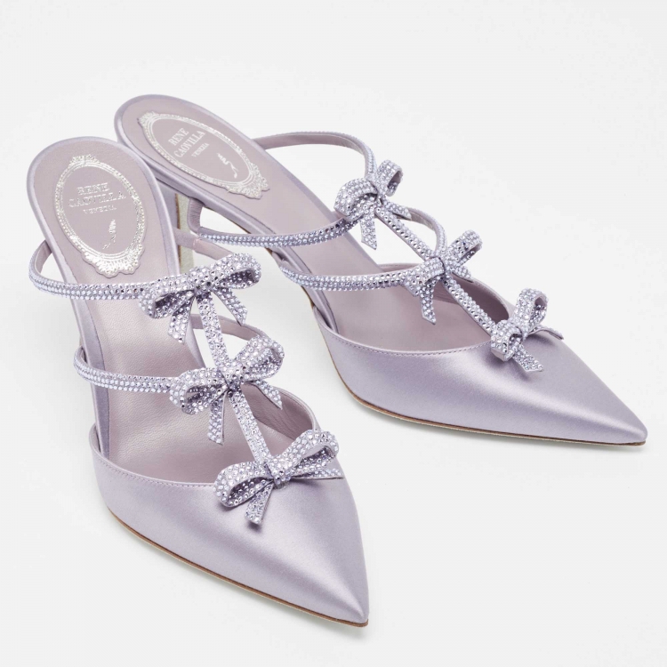مملوكة مسبقًا René Caovilla Purple Satin Bow Detail Crystal Embellished Strass Mules Size 38