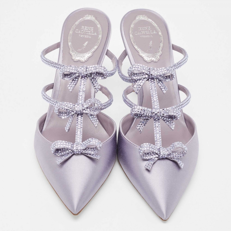 مملوكة مسبقًا René Caovilla Purple Satin Bow Detail Crystal Embellished Strass Mules Size 38