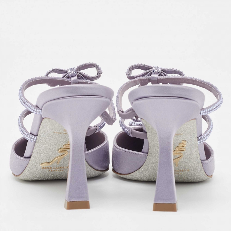 مملوكة مسبقًا René Caovilla Purple Satin Bow Detail Crystal Embellished Strass Mules Size 38
