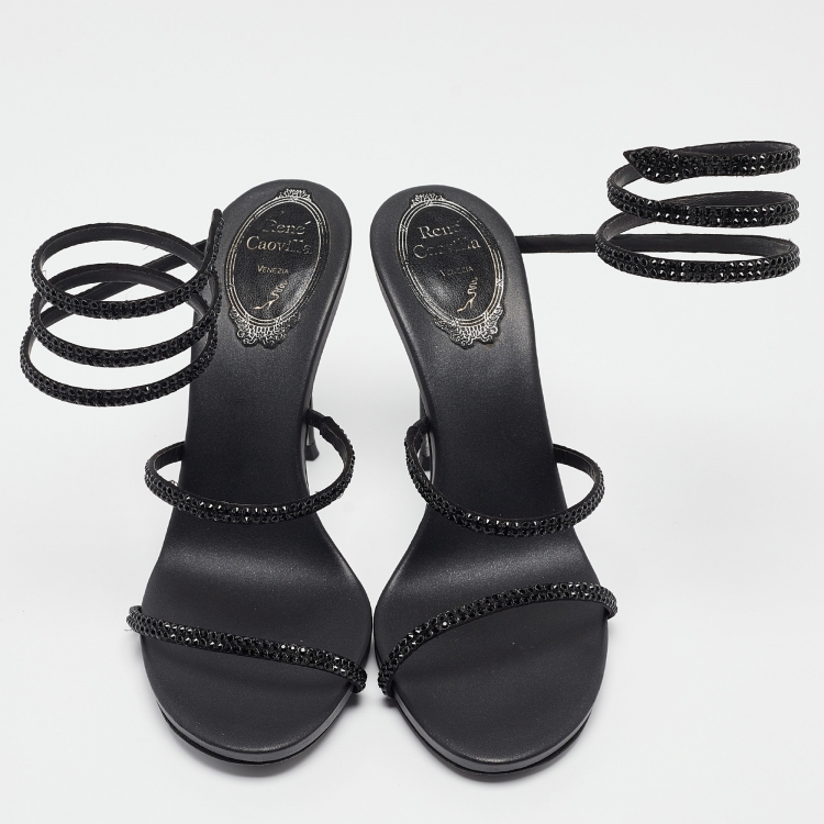 Pre Owned René Caovilla Black Crystal Embellished Satin Cleo Ankle Wrap Sandals Size 36