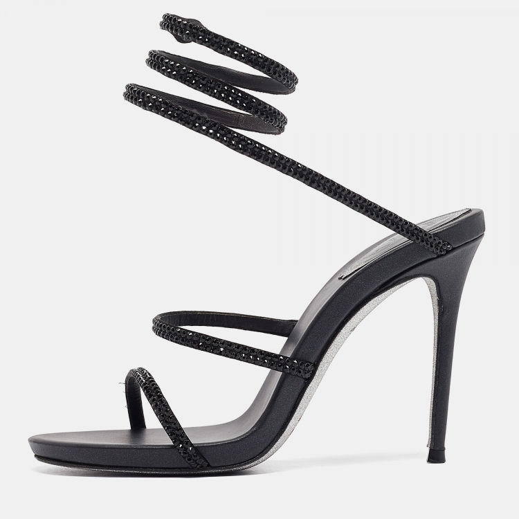 Pre Owned René Caovilla Black Crystal Embellished Satin Cleo Ankle Wrap Sandals Size 36