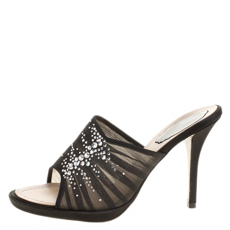 Pre Owned Rene Caovilla Black Chiffon Crystal Embellished Slides Size 38