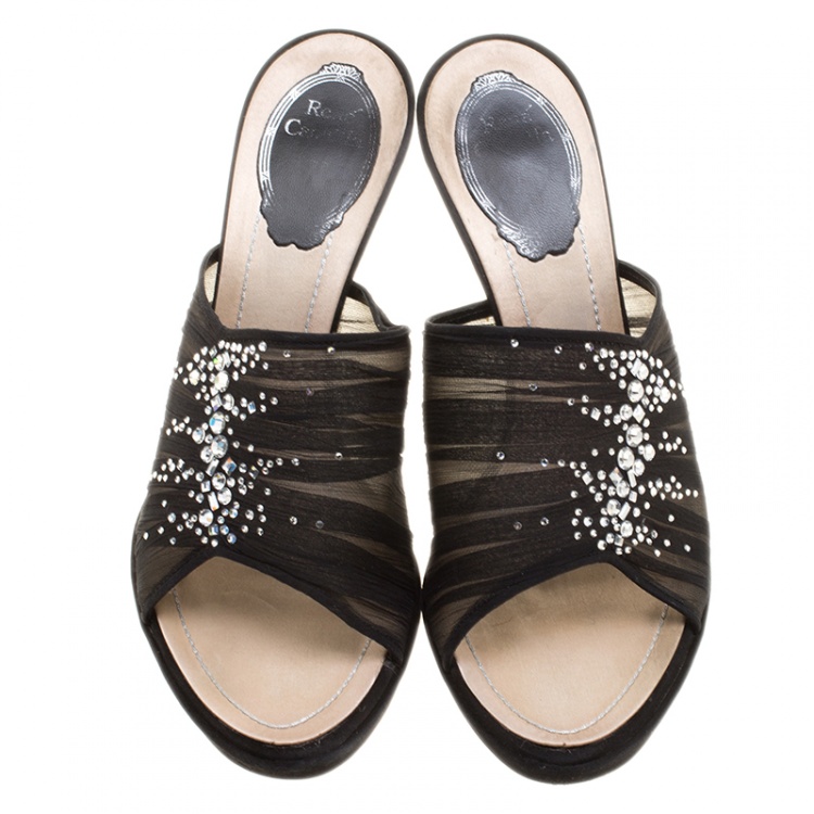 Pre Owned Rene Caovilla Black Chiffon Crystal Embellished Slides Size 38