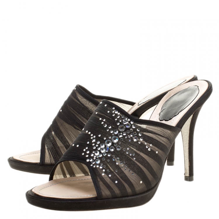 Pre Owned Rene Caovilla Black Chiffon Crystal Embellished Slides Size 38