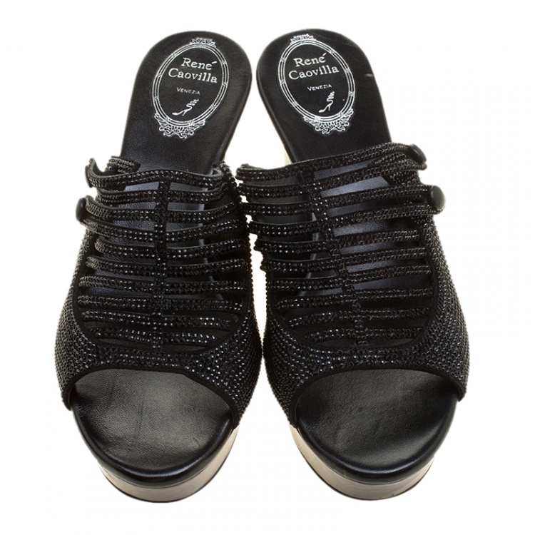 Pre Owned René Caovilla Black Crystal Embellished Wedge Slides Size 38