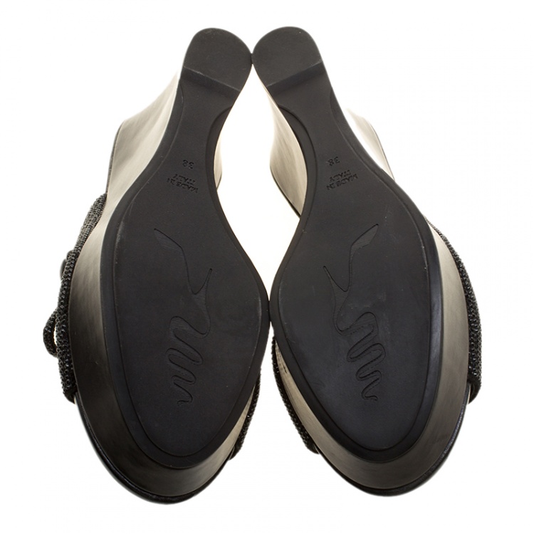 Pre Owned René Caovilla Black Crystal Embellished Wedge Slides Size 38