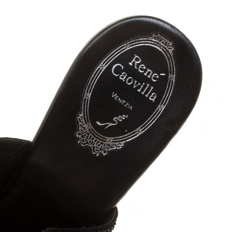 Pre Owned René Caovilla Black Crystal Embellished Wedge Slides Size 38